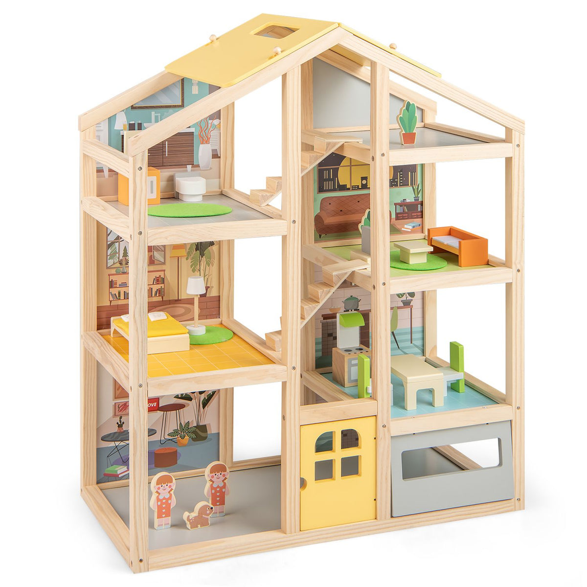Wooden dollhouse for kids by Wilsons Home Store featuring modern design, furniture pieces, and family figures in natural wood finish.