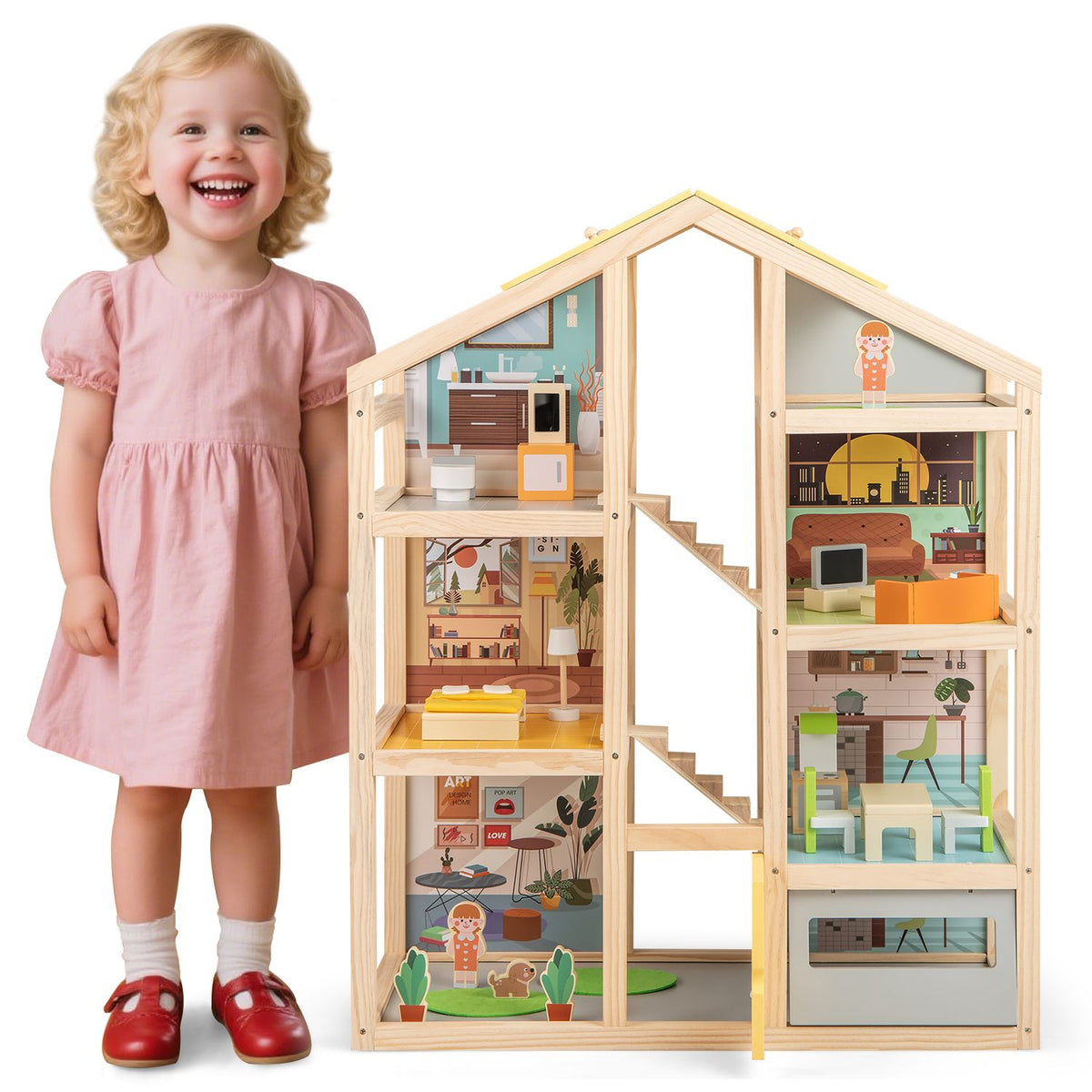 Wooden dollhouse for kids by Wilsons Home Store featuring modern design, furniture pieces, figures, and natural wood finish.