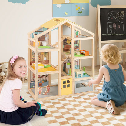 Wooden dollhouse for kids with furniture and figures, modern family design, natural wood finish, ideal for pretend play and role-playing.