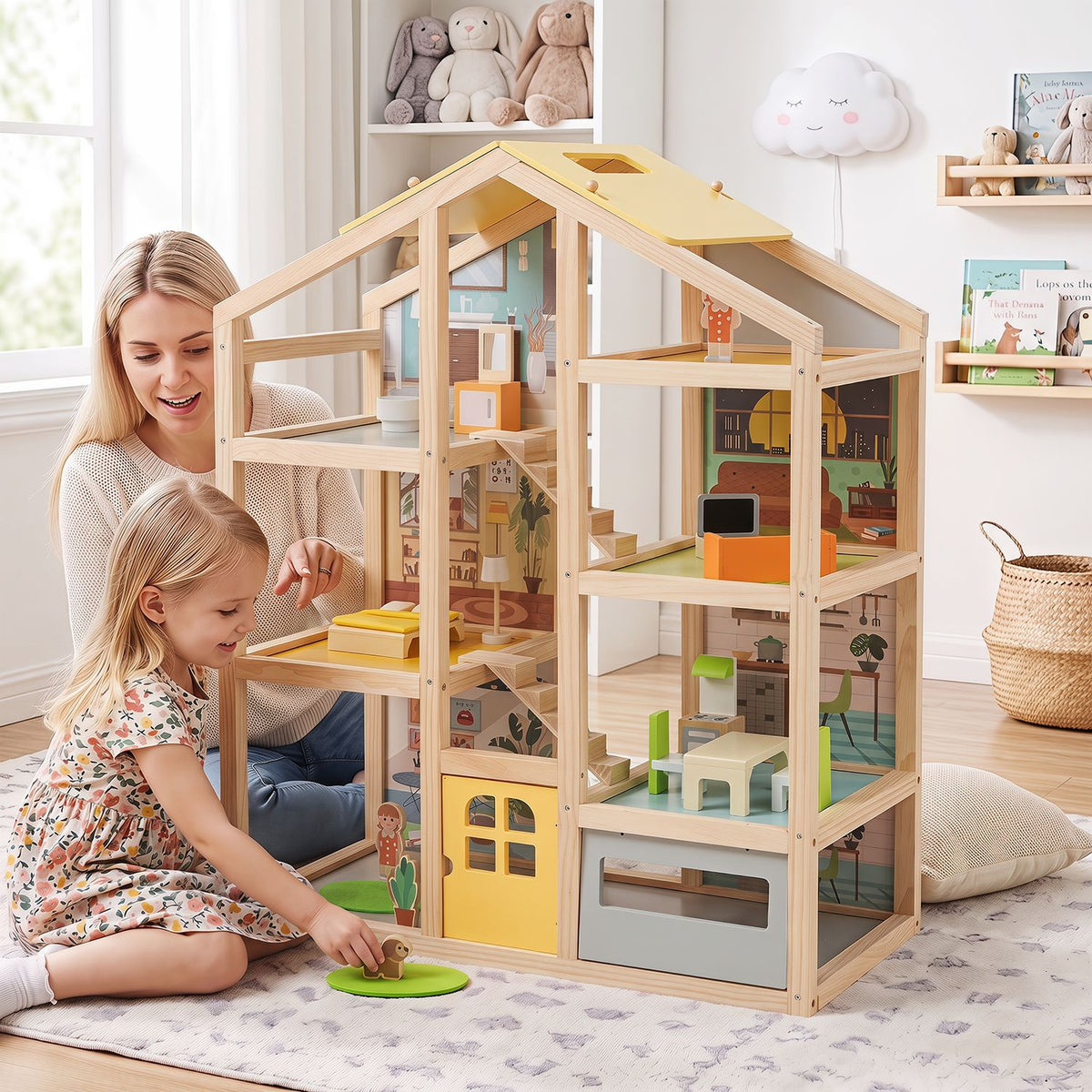 Wooden dollhouse for kids by Wilsons Home Store featuring modern design, furniture pieces, and family figures in natural wood finish.