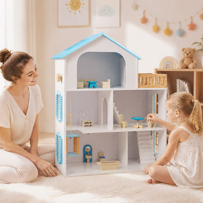 Wooden Dollhouse with 5 Rooms and Furniture Accessories for Kids-Blue