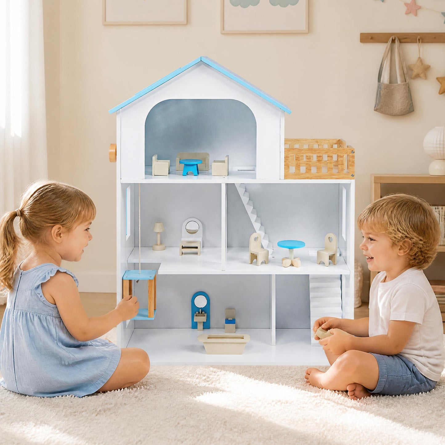 Wooden Dollhouse with 5 Rooms and Furniture Accessories for Kids-Blue