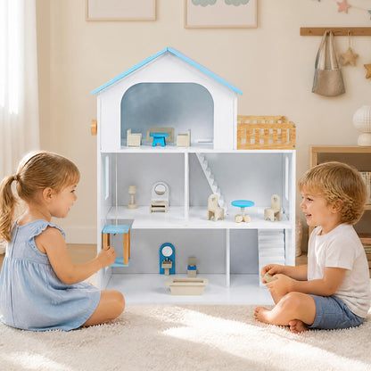 Wooden Dollhouse with 5 Rooms and Furniture Accessories for Kids-Blue