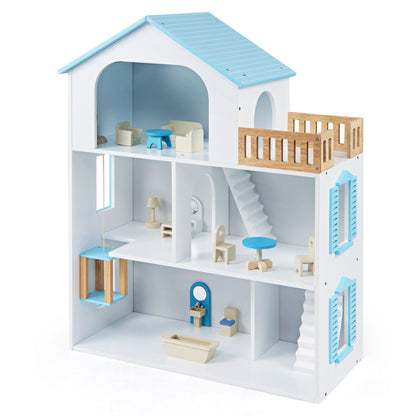Wooden Dollhouse with 5 Rooms and Furniture Accessories for Kids-Blue