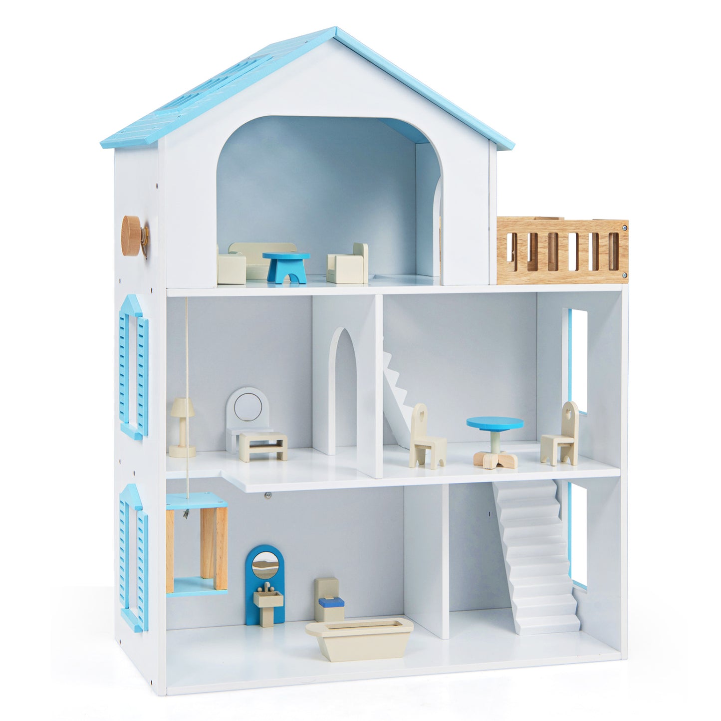 Wooden Dollhouse with 5 Rooms and Furniture Accessories for Kids-Blue