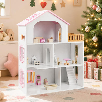 Wooden Dollhouse with 5 Rooms and Furniture Accessories for Kids-Blue