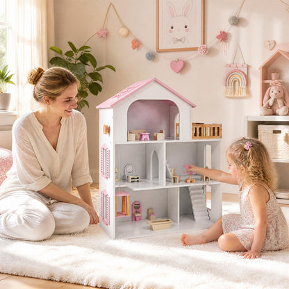Wooden Dollhouse with 5 Rooms and Furniture Accessories for Kids-Blue
