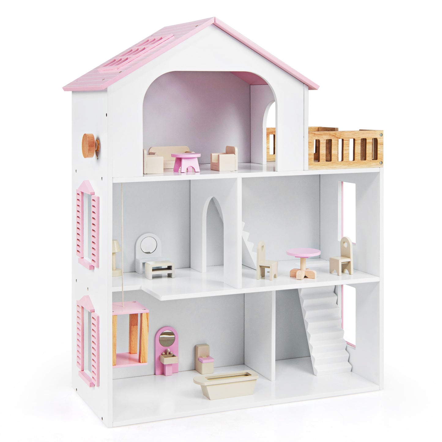 Wooden Dollhouse with 5 Rooms and Furniture Accessories for Kids-Blue