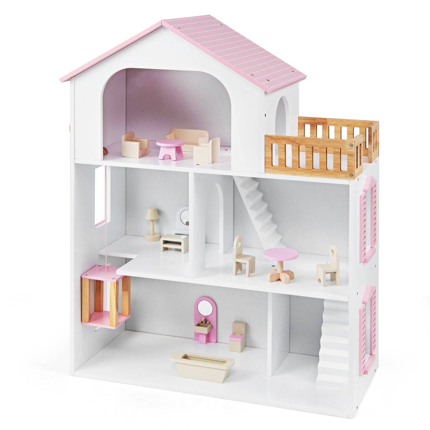 Wooden Dollhouse with 5 Rooms and Furniture Accessories for Kids-Blue