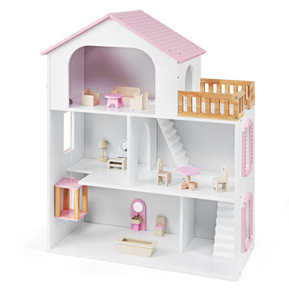 Wooden Dollhouse with 5 Rooms and Furniture Accessories for Kids-Blue