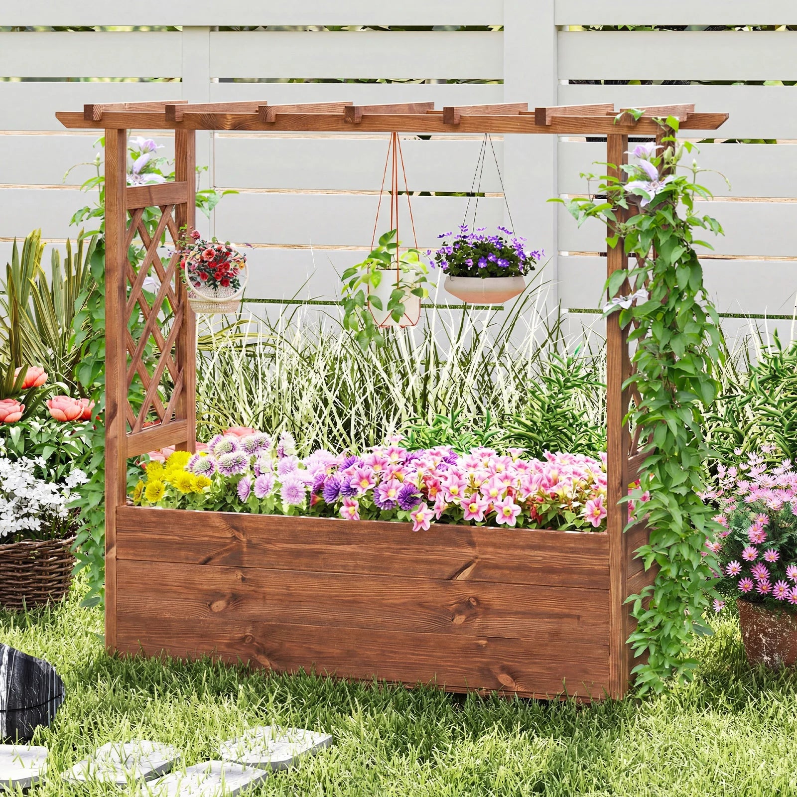 Wooden elevated planter with hanging roof, outdoor raised garden bed in orange, ideal for outdoor garden spaces.