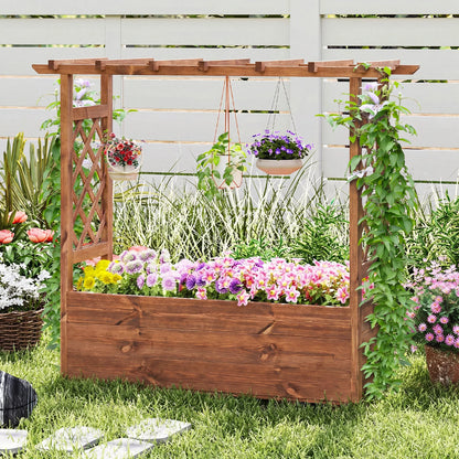 Wooden elevated planter with hanging roof, outdoor raised garden bed in orange, ideal for outdoor garden spaces.