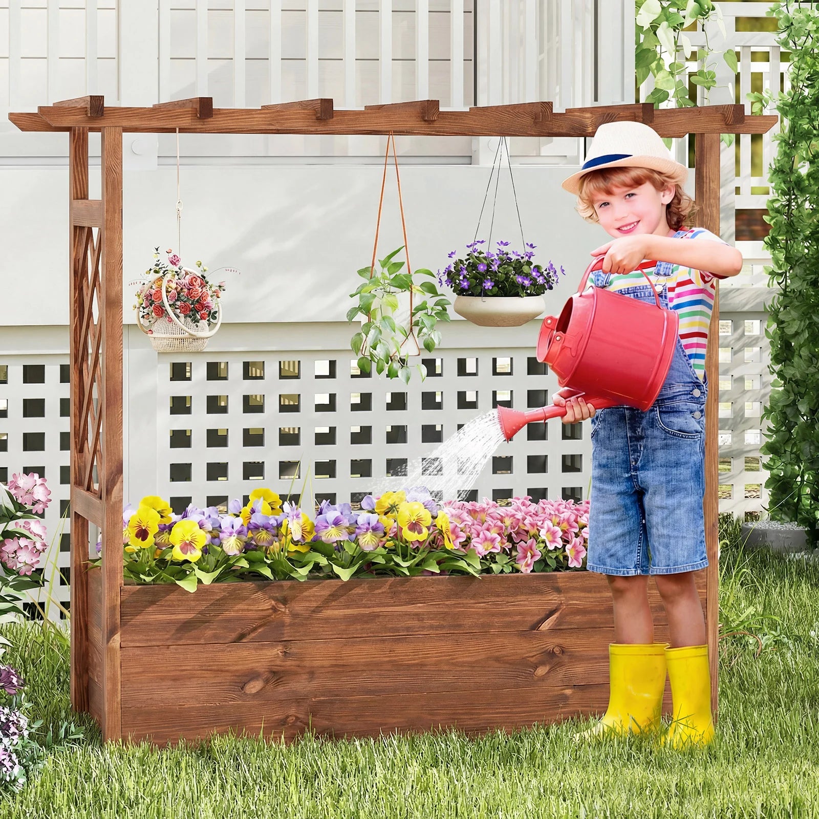 Wooden elevated planter garden bed with hanging roof in orange, designed for outdoor gardening and raised planting.