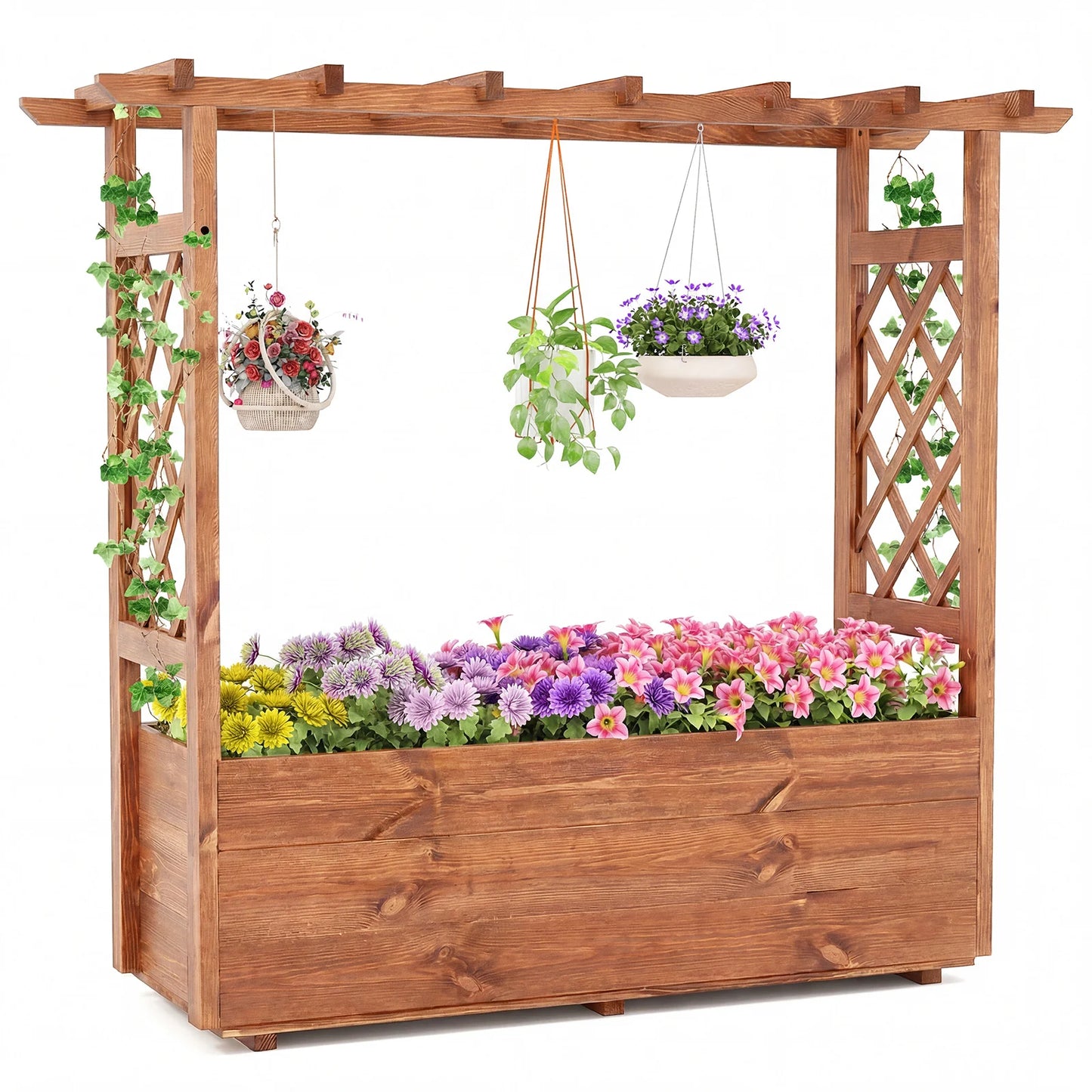 Wooden elevated garden planter with hanging roof in orange, outdoor raised garden bed for vegetables or flowers.