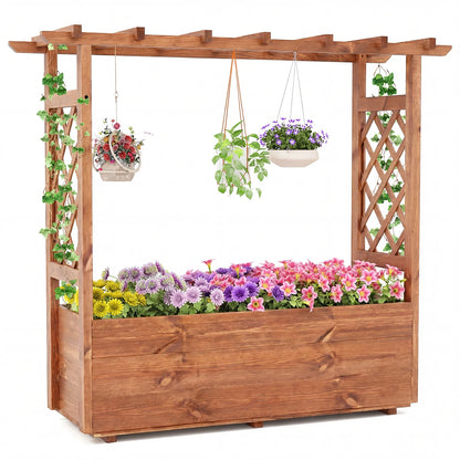 Wooden elevated garden planter with hanging roof in orange, outdoor raised garden bed for vegetables or flowers.