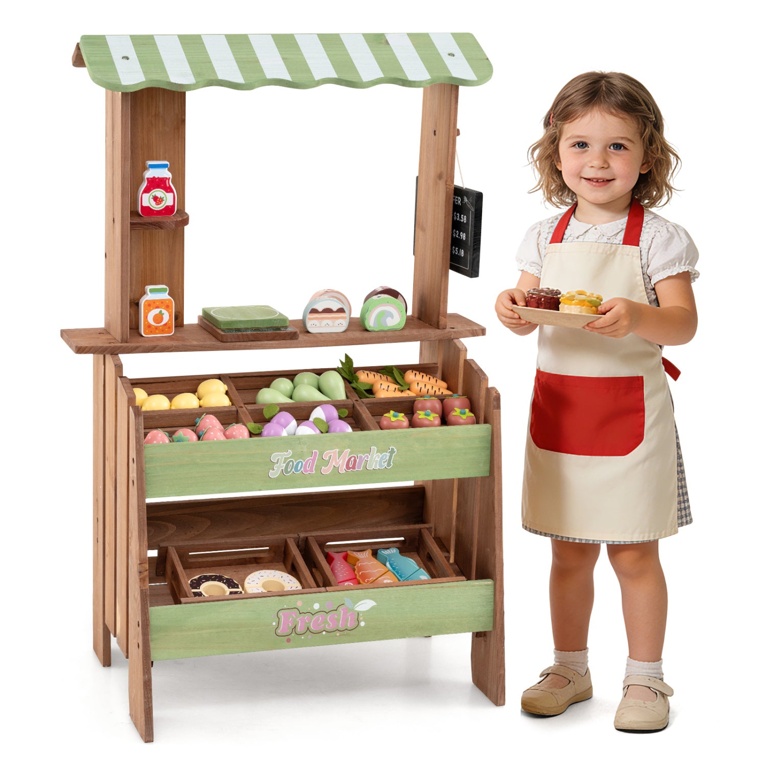 Wooden grocery store play set with chalkboard and accessories for kids aged 3+ by Wilsons Home Store, pretend grocery shopping toy