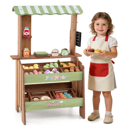 Wooden grocery store play set with chalkboard and accessories for kids aged 3+ by Wilsons Home Store, pretend grocery shopping toy