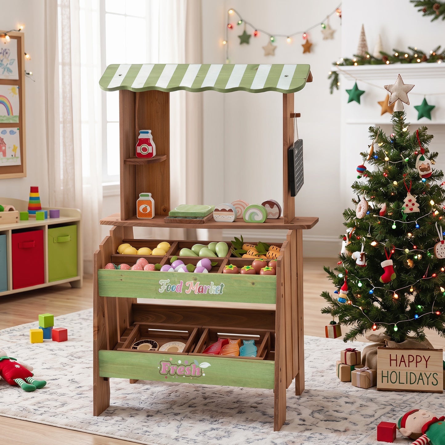 Wooden grocery store toy with chalkboard and accessories for kids age 3+; pretend play kitchen set in natural wood.