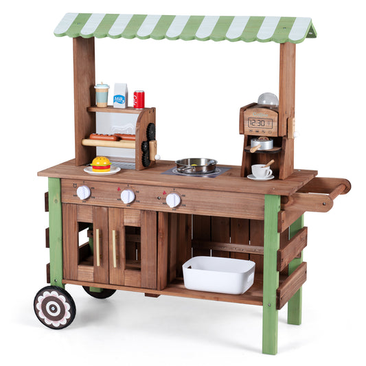 Wooden grocery store playset for kids with large wheels, toy pretend store from Direct by Wilsons Home Store, colorful and durable.