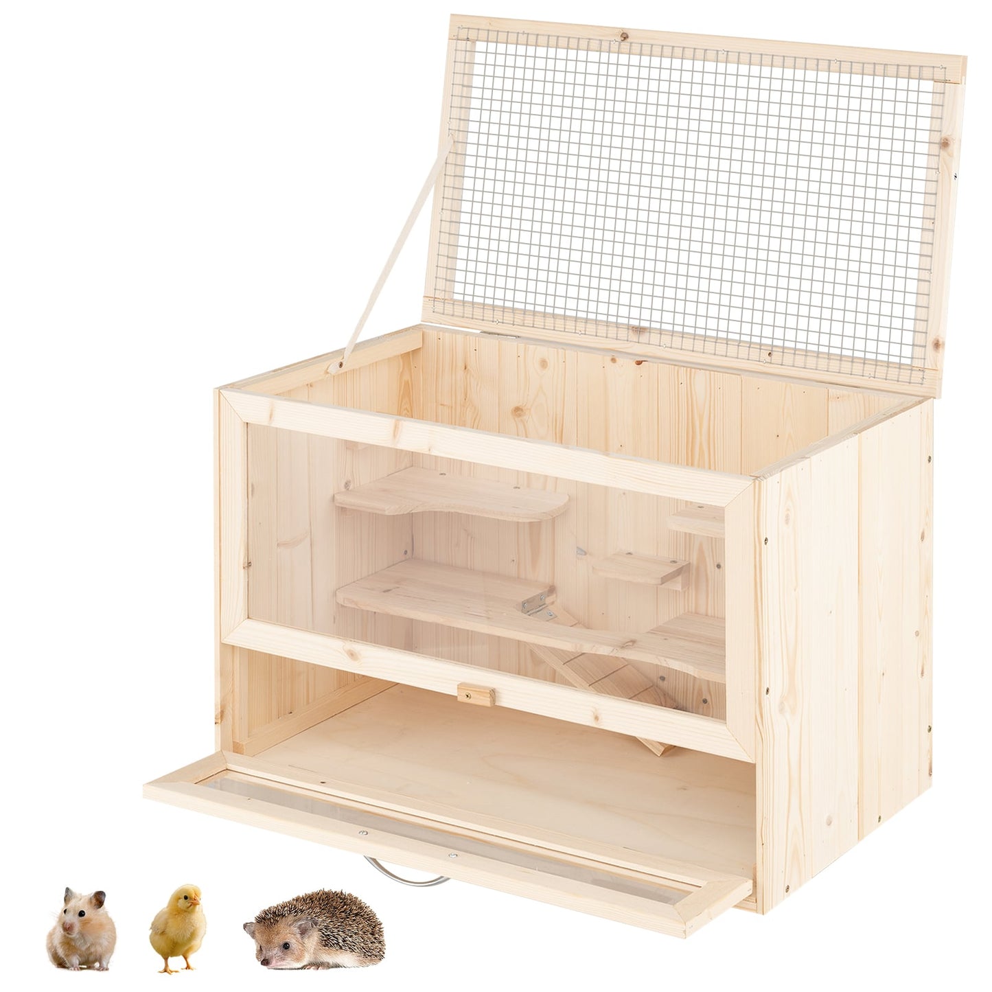 Wooden Hamster Cage with Mesh Flip Roof-Natural