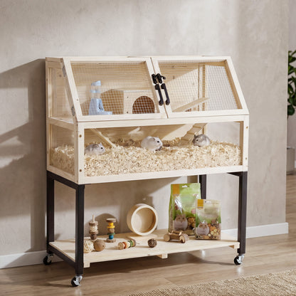 Wooden Hamster Cage 2-Tier Small Animal Habitat with Casters-Natural