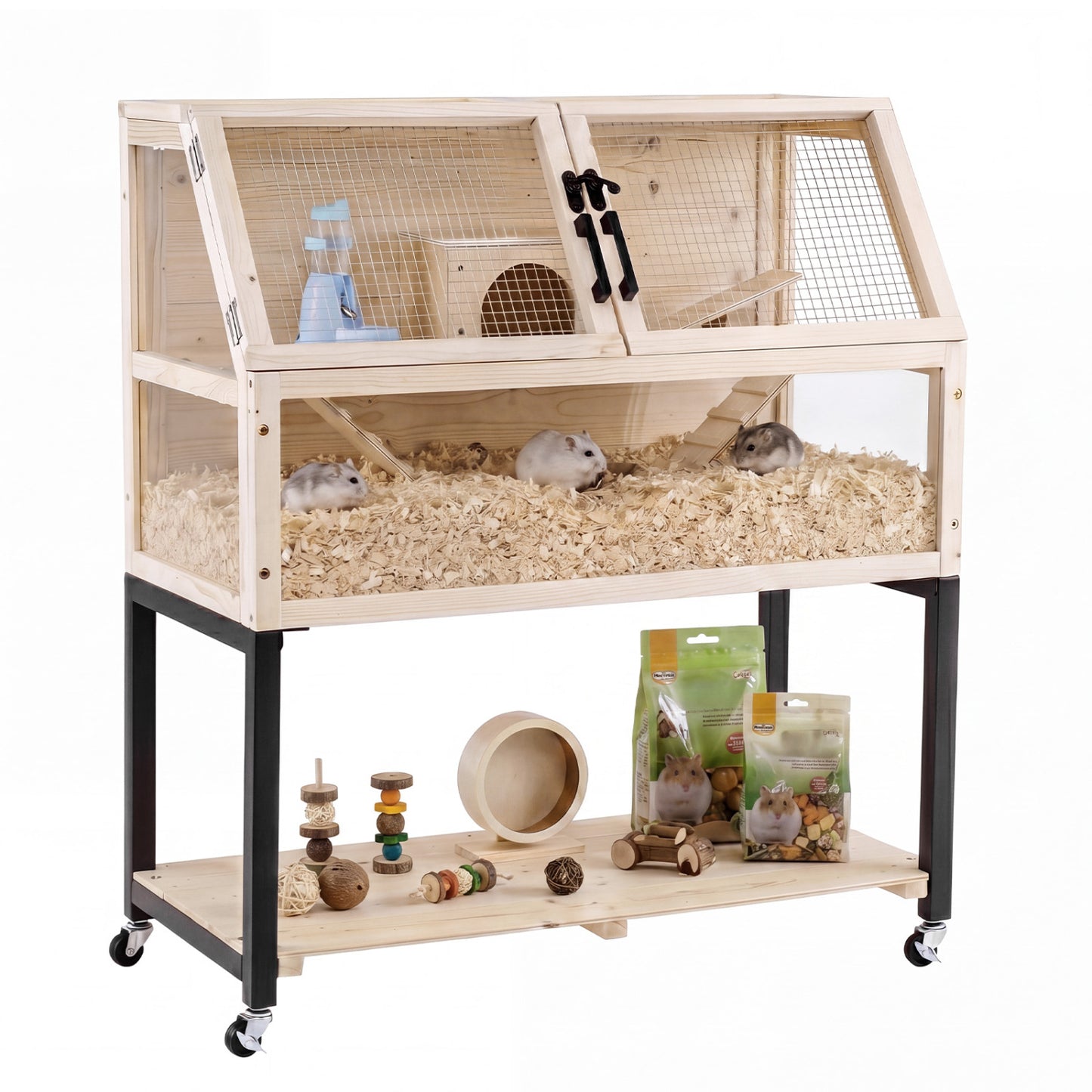 Wooden Hamster Cage 2-Tier Small Animal Habitat with Casters-Natural