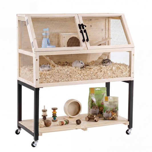 Wooden hamster cage with two levels, small animal habitat on casters, natural wood finish, suitable for small pets.