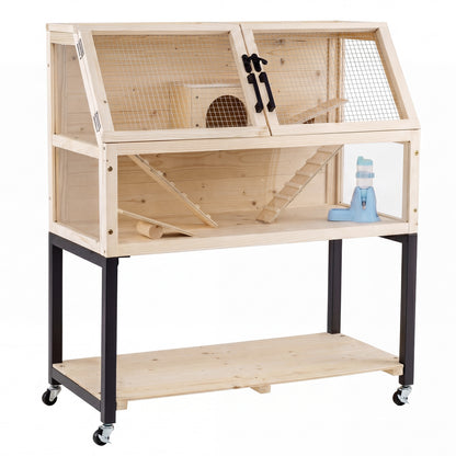 Wooden Hamster Cage 2-Tier Small Animal Habitat with Casters-Natural