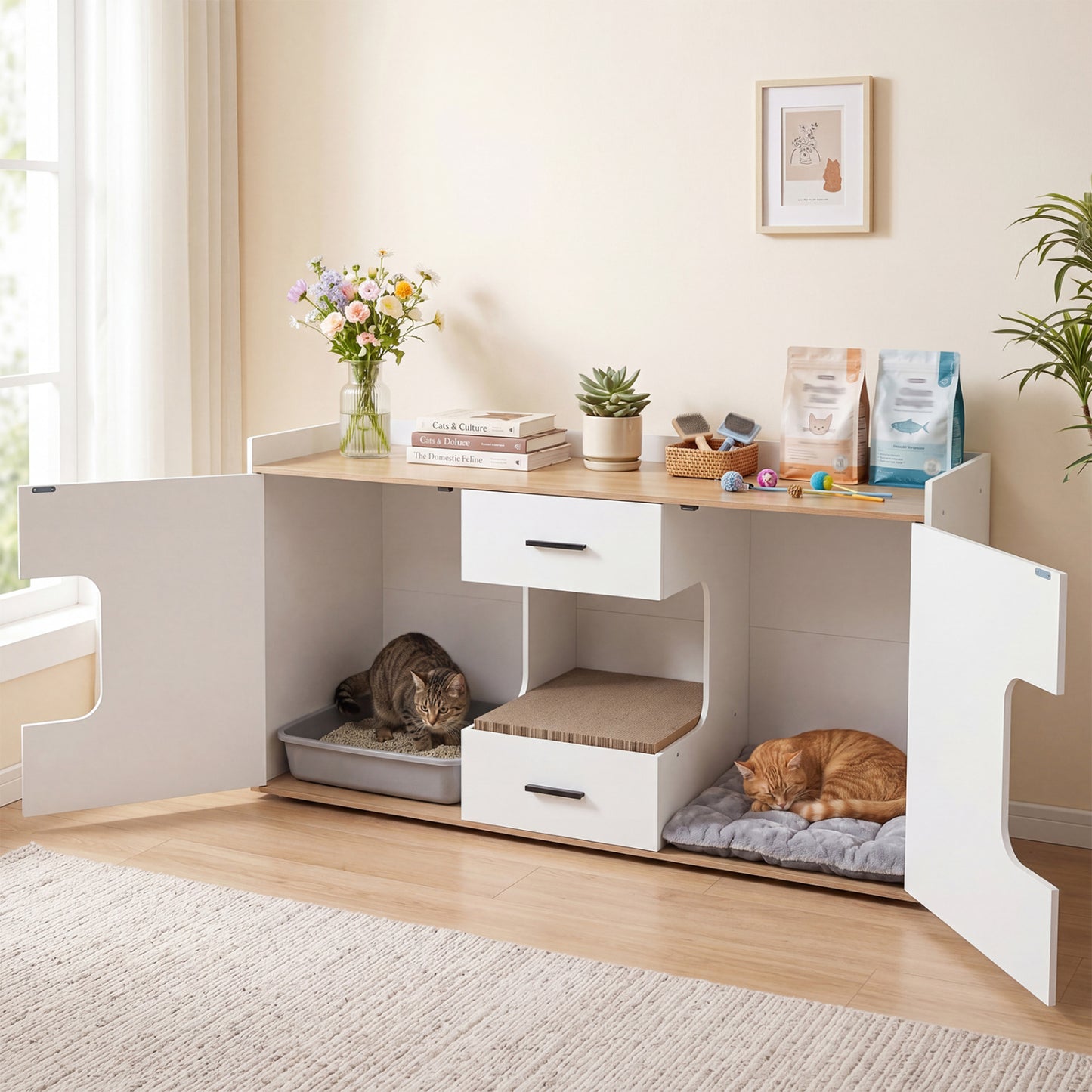 Wooden hidden cat house cabinet with wide countertop, two drawers, and doors, featuring natural wood finish for pet comfort.