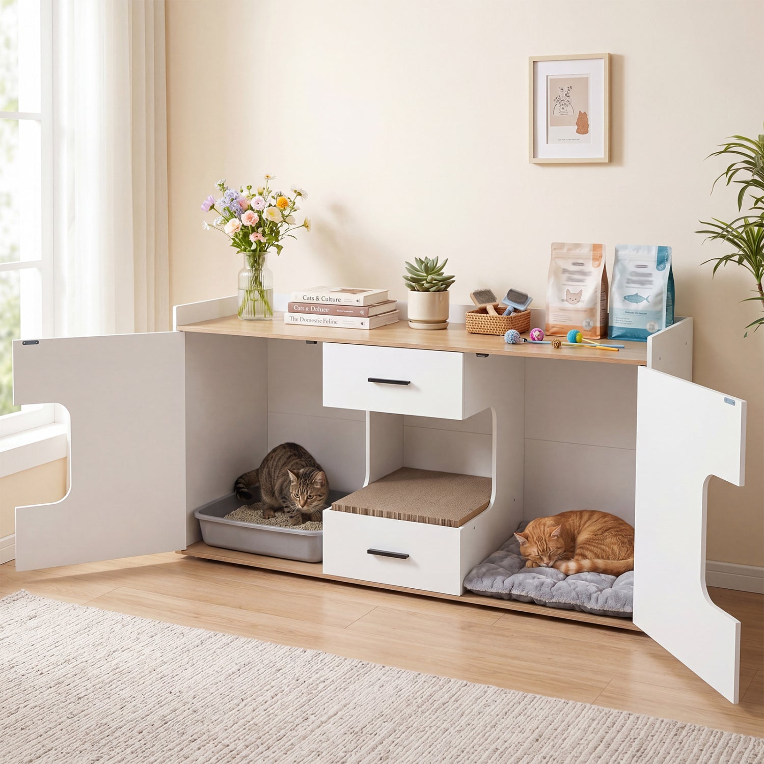 Wooden hidden cat house cabinet with wide countertop, two drawers, and doors, featuring natural wood finish for pet comfort.