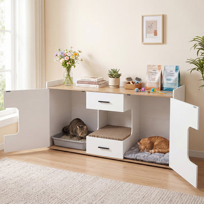 Wooden hidden cat house cabinet with wide countertop, two drawers, and doors, featuring natural wood finish for pet comfort.