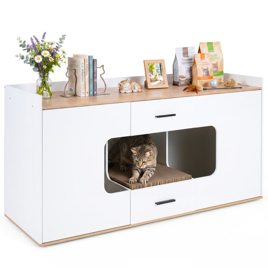 Natural wooden hidden cat house cabinet with wide countertop, two drawers, and two doors, designed for pet cats.