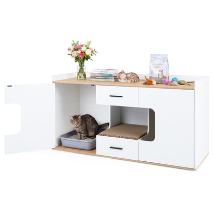 Wooden hidden cat house cabinet with wide countertop, two drawers, and doors, made from natural wood for pet cats.