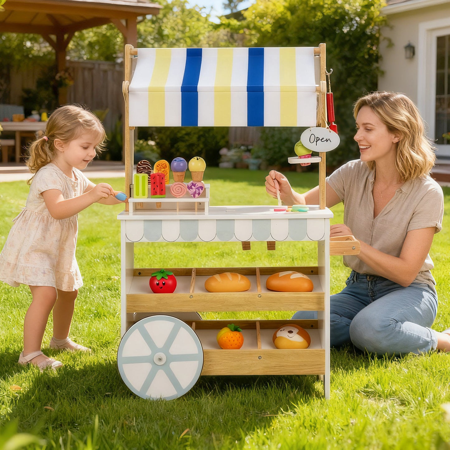 Wooden Ice Cream Cart for Kids 2-in-1 Grocery Store Playset with Display Shelves-White