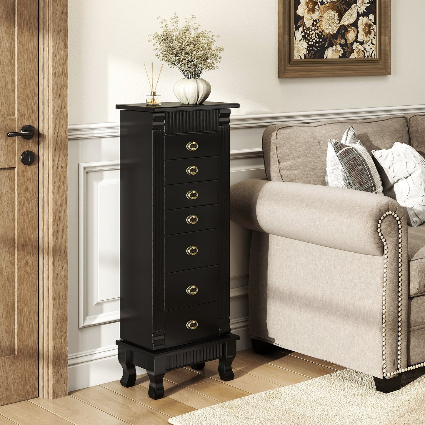 Wooden Jewelry Armoire Cabinet Storage Chest with Drawers and Swing Doors-Black