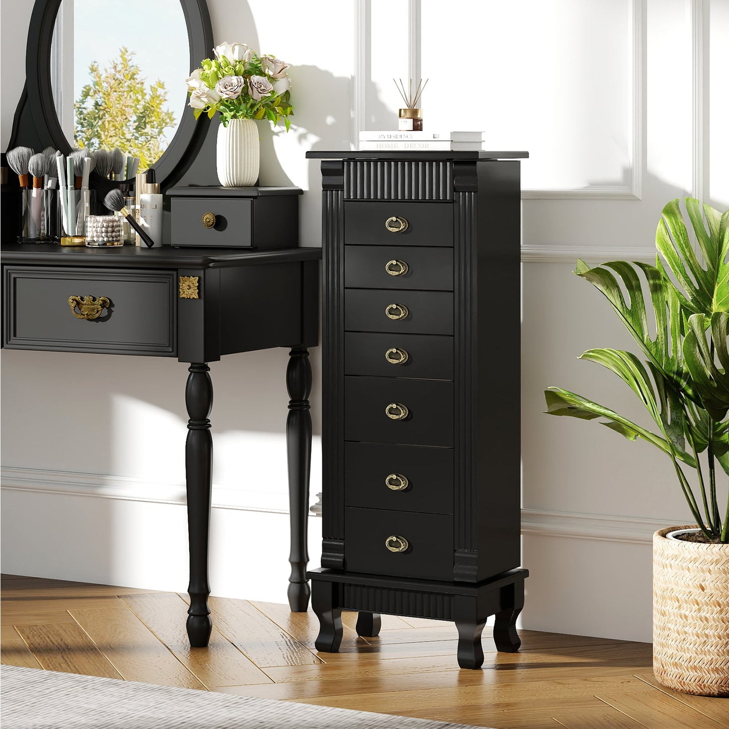 Wooden Jewelry Armoire Cabinet Storage Chest with Drawers and Swing Doors-Black