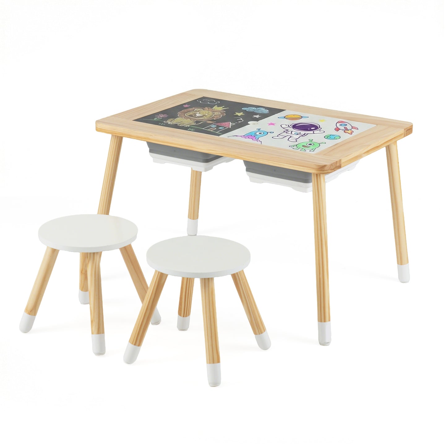 Wooden Kids Activity Table Set with Double-Sided Boards-Natural