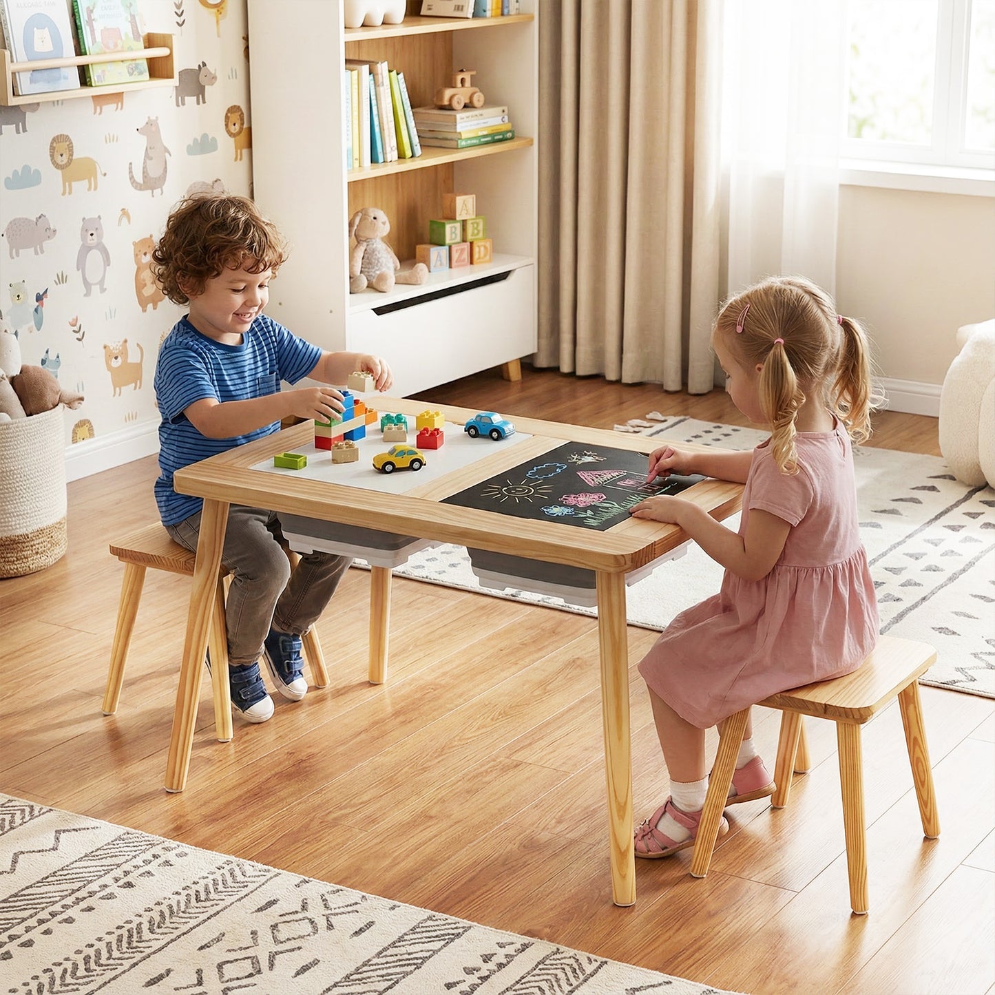 Wooden Kids Activity Table Set with 2 Foldable Storage Bins-Natural