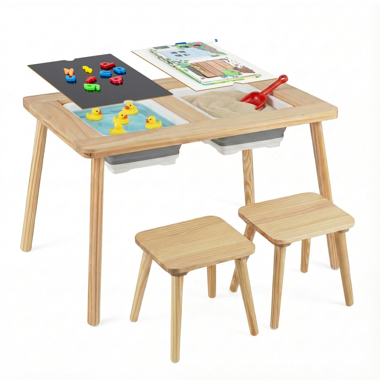 Wooden Kids Activity Table Set with 2 Foldable Storage Bins-Natural