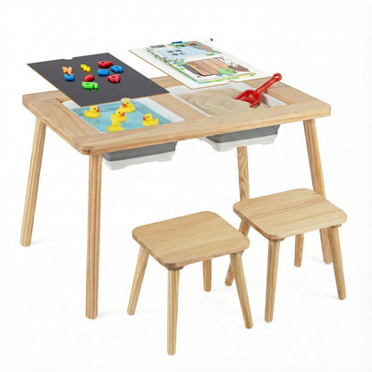 Wooden Kids Activity Table Set with 2 Foldable Storage Bins-Natural