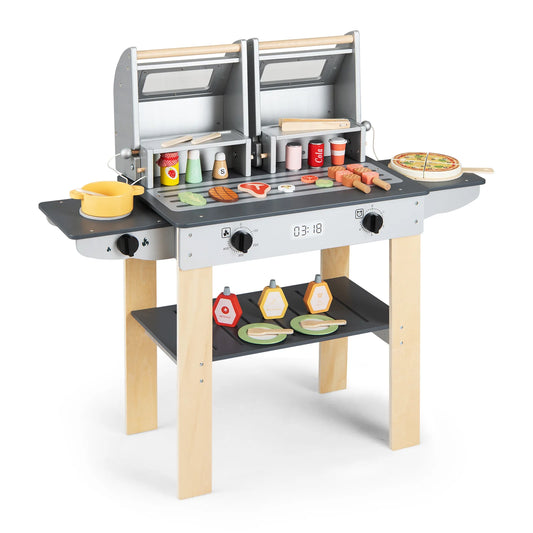 Wooden Kids Barbecue Grill Playset Kids Toy Grill with Abundant Grilling Tools and Play Foods