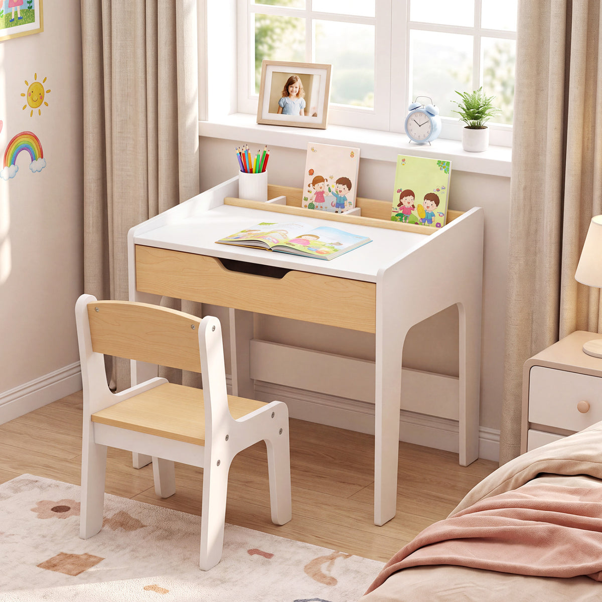 Wooden Kids Desk and Chair Set for Reading Drawing Playing-Natural