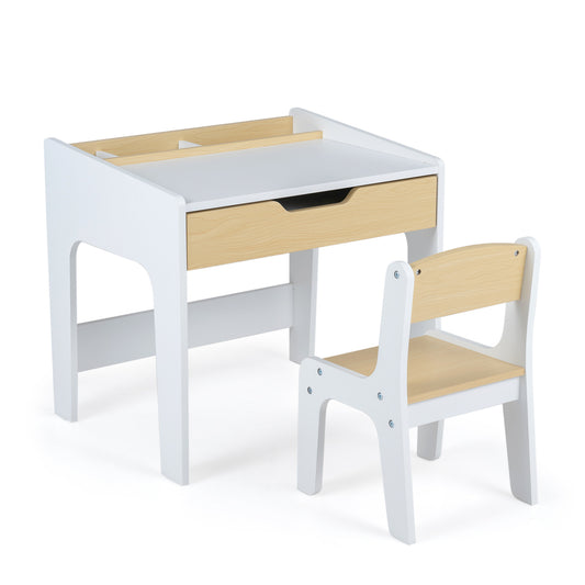 Wooden kids desk and chair set for toddlers, natural wood finish, ideal for reading, drawing, and playtime, by Wilsons Home Store.