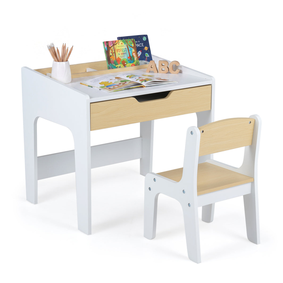 Wooden Kids Desk and Chair Set for Reading Drawing Playing-Natural