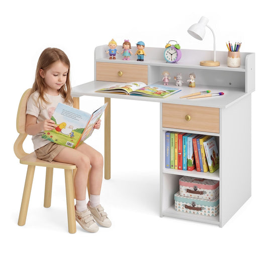 Wooden kids desk and chair set with hutch and drawer in natural finish, toddler furniture for bedroom play and study.