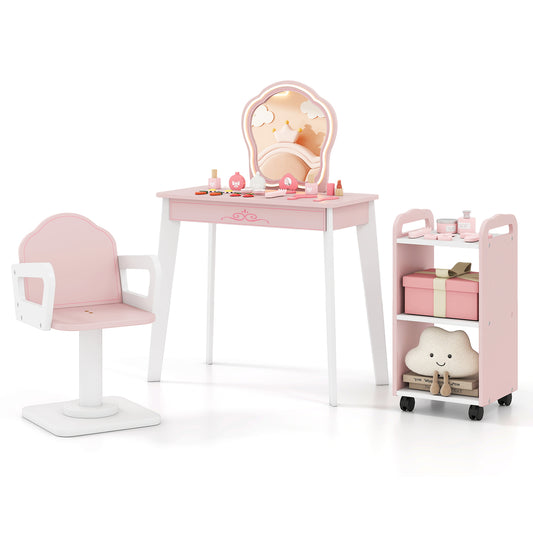Wooden kids hair salon play set with pink finish, LED lighted mirror, and pretend styling accessories for children.