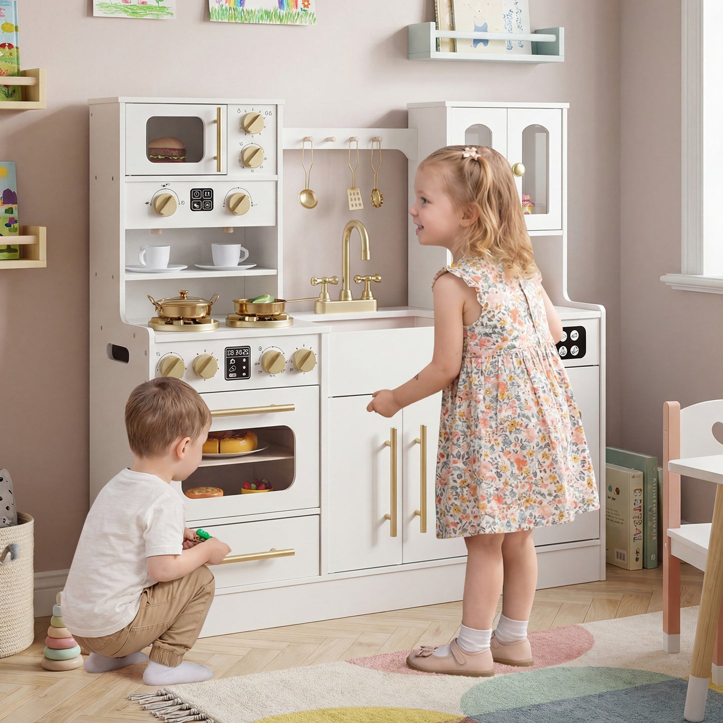 Wooden Kids Kitchen Playset with Realistic Lights and Sounds-Black