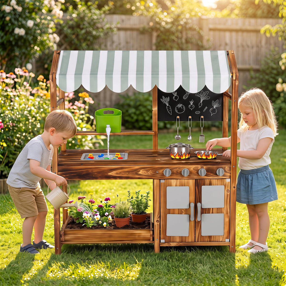 Wooden Kids Mud Kitchen with 8 Accessories and 2-Sided Chalkboard for Boys Girls Ages 3+-Brown