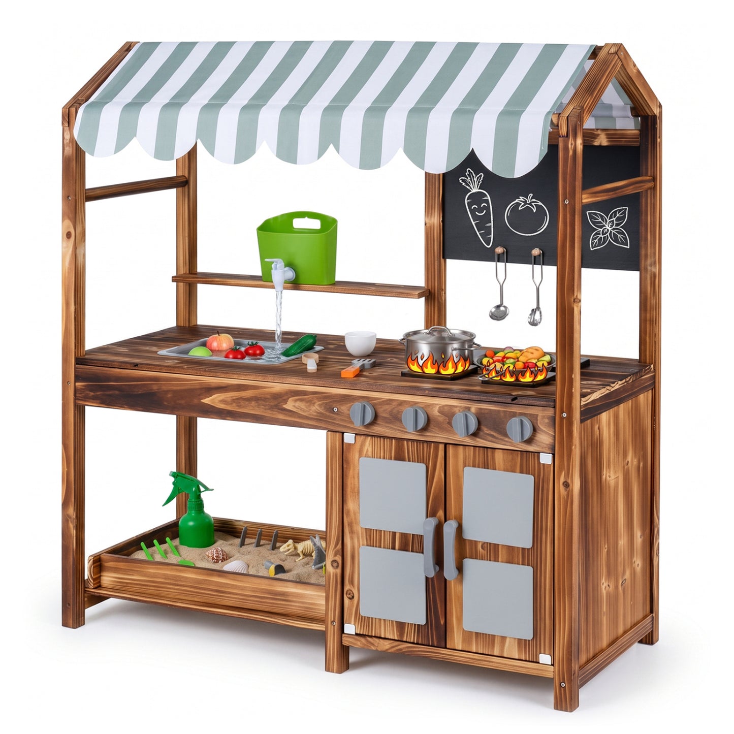 Wooden Kids Mud Kitchen with 8 Accessories and 2-Sided Chalkboard for Boys Girls Ages 3+-Brown