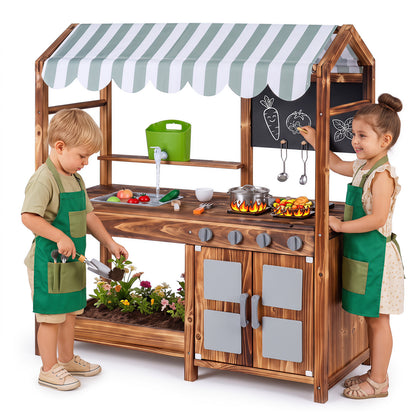 Wooden Kids Mud Kitchen with 8 Accessories and 2-Sided Chalkboard for Boys Girls Ages 3+-Brown